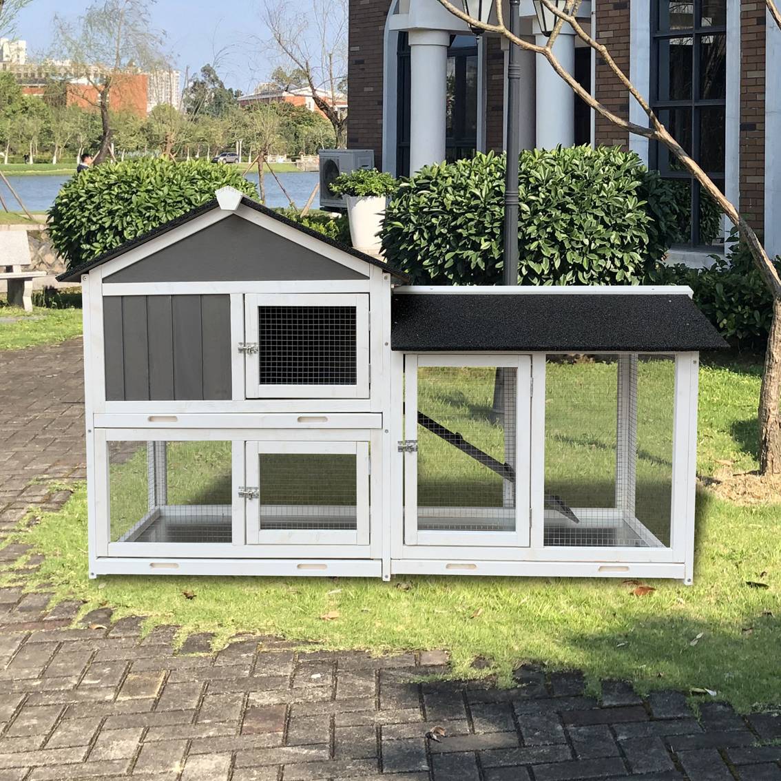 Removable Tray Ramp Wooden Outdoor Hen Hutch With Running Cage